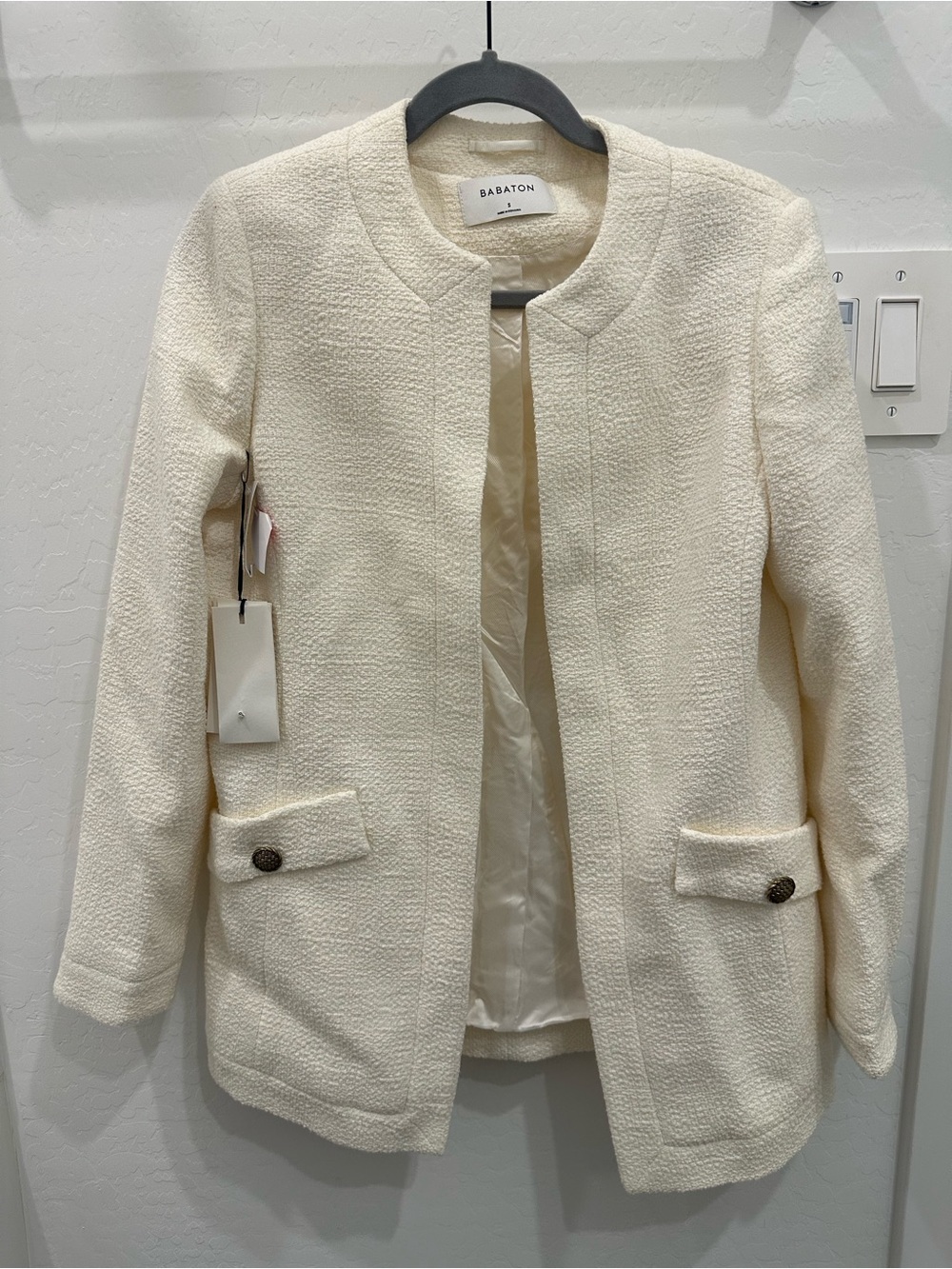 Babaton Ivory Collarless Textured Jacket
